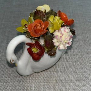 Vintage White Porcelain Swan with Flower Bouquet Figurine Collectable